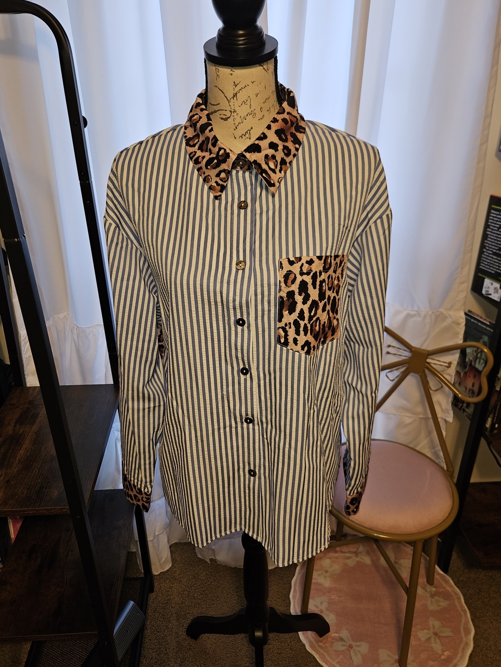 Striped Button-Up Shirt with Leopard Trim - Blue / Beige